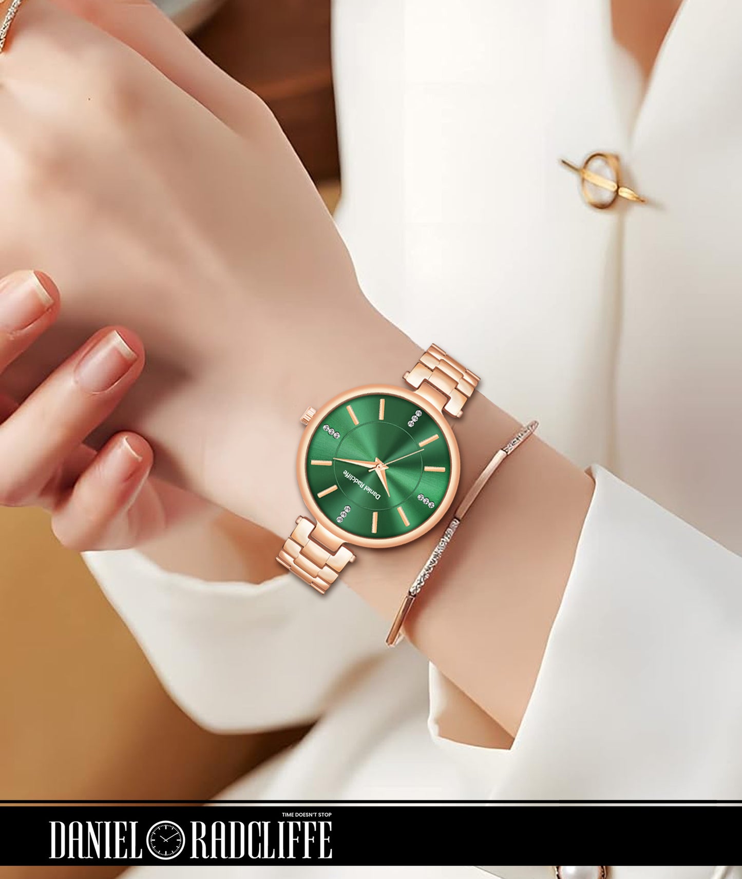 Round Rose Gold Green Analog Watch - For Women DRW001