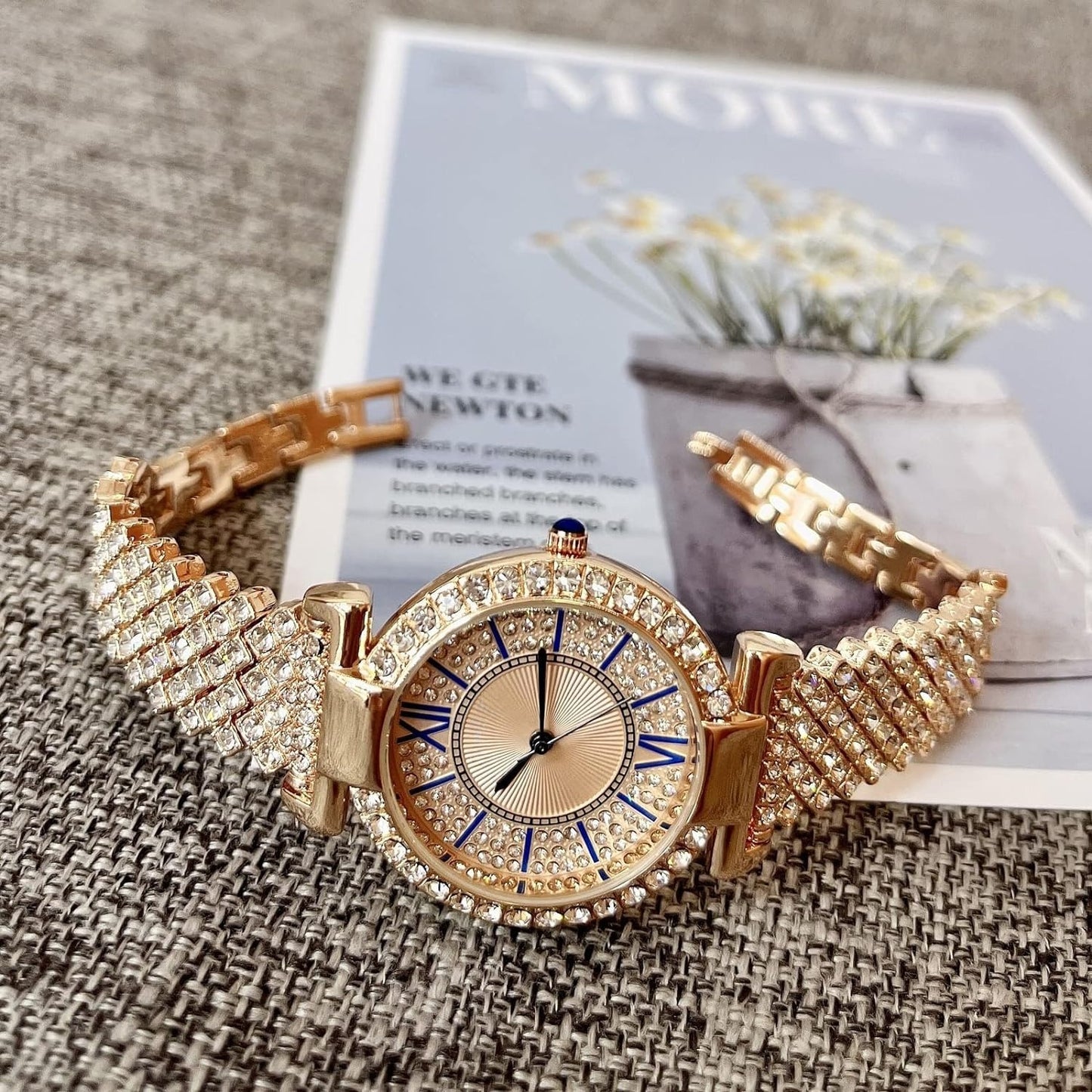 Diamond Studded Blue Hands Premium Quality Women Watch - DRW0023