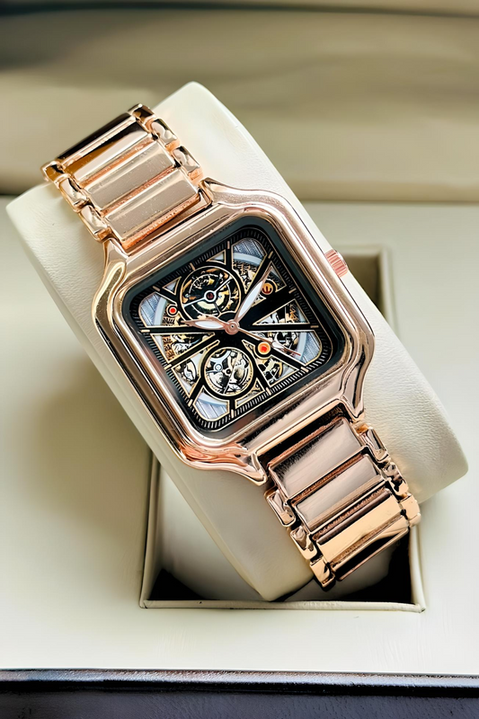 Embossed Print Stylish Rose Gold Watch For Women - DRW006