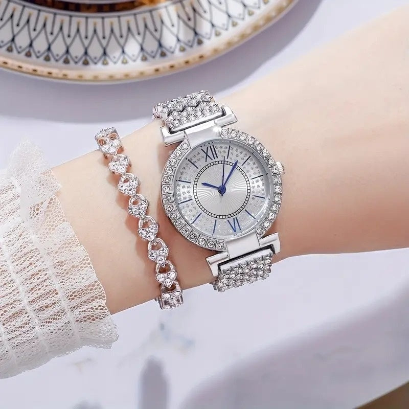 Diamond Studded Silver Blue Hands Premium Quality Women Watch - DRW0023