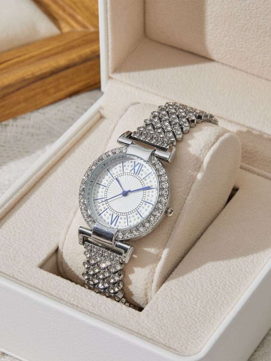 Diamond Studded Silver Blue Hands Premium Quality Women Watch - DRW0023