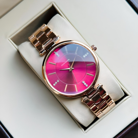 Round Rose Gold Maroon Analog Watch - For Women DRW001